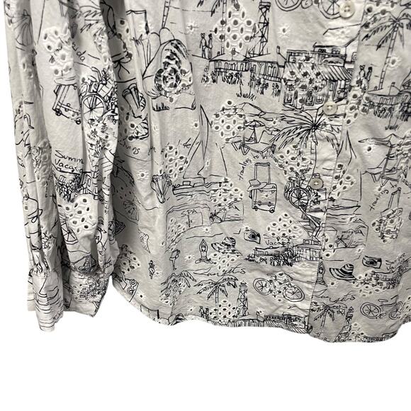 Chico’s Made For Vacation Eyelet Button Down White Black Beach Scene Size 12/14 - Picture 2 of 6